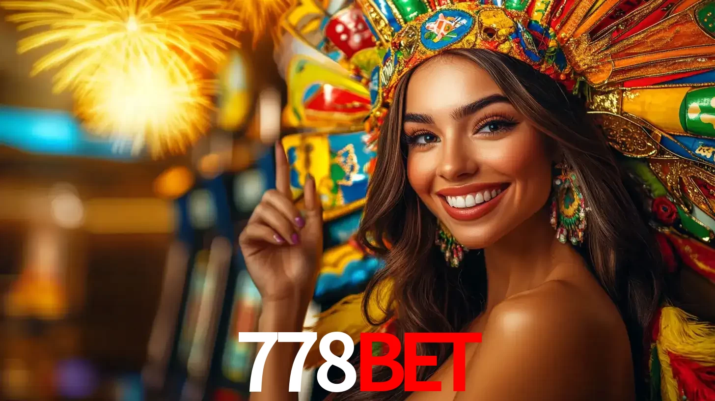 Mulher sorridente com um cocar de carnaval vibrante e colorido, celebrando uma grande vitória nos jogos do cassino 778bet com fogos de artifício ao fundo.