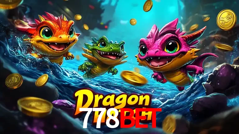 Arte promocional do jogo Dragon Hatch com três adoráveis dragões bebês nadando entre moedas de ouro, um dos slots mais divertidos para jogar no cassino 778bet.