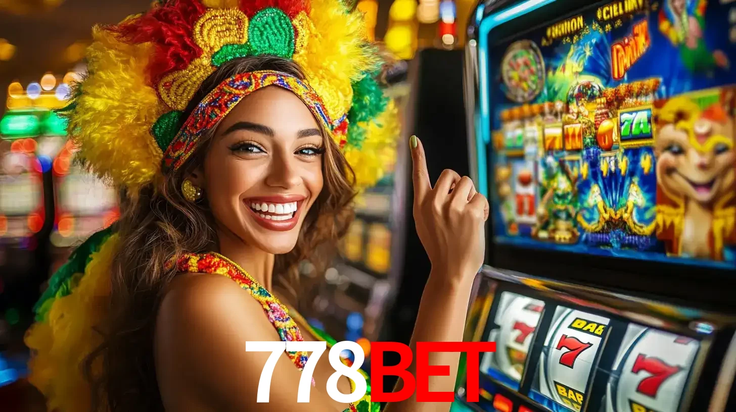 Mulher animada com um cocar de carnaval apontando para uma máquina de caça-níqueis, mostrando a emoção de ganhar um grande prêmio nos jogos do 778bet.