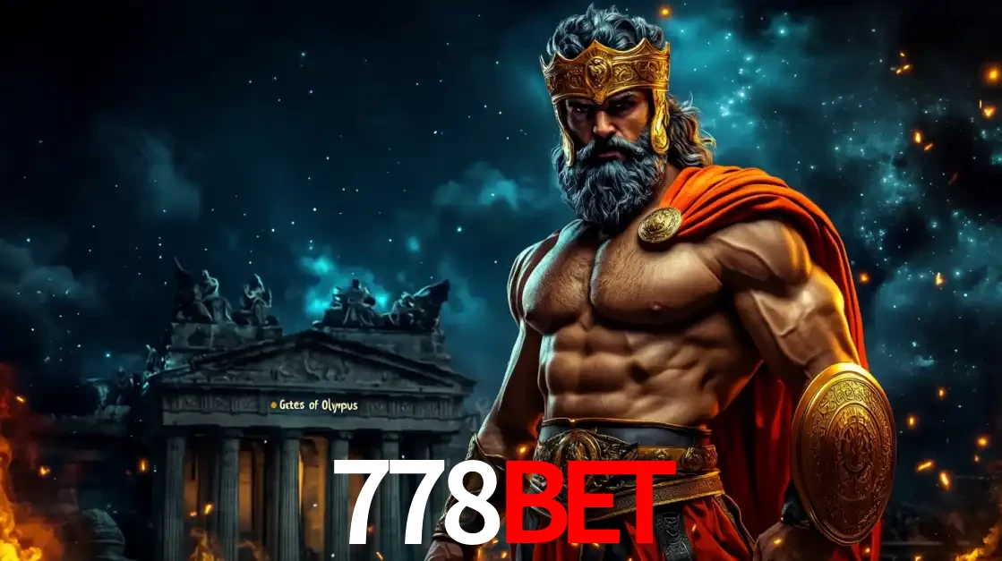 O poderoso Zeus do jogo de slot Gates of Olympus em frente ao seu templo, pronto para lançar multiplicadores divinos e prêmios épicos no cassino online 778bet.