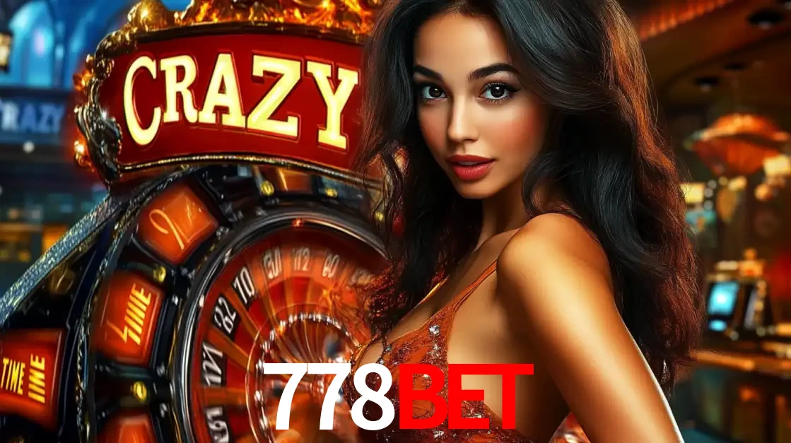 Mulher glamourosa olhando para a câmera com a roda vermelha do Crazy Time ao fundo em um ambiente de cassino, destacando a emoção dos jogos ao vivo no 778bet.