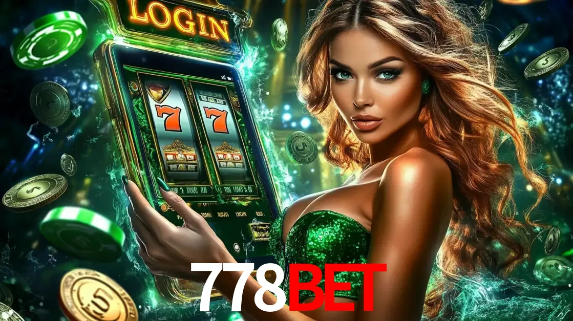 Mulher com tema verde apresentando o aplicativo do cassino 778bet com um jogo de slot de 777, cercada por fichas de cassino e uma aura de sorte.