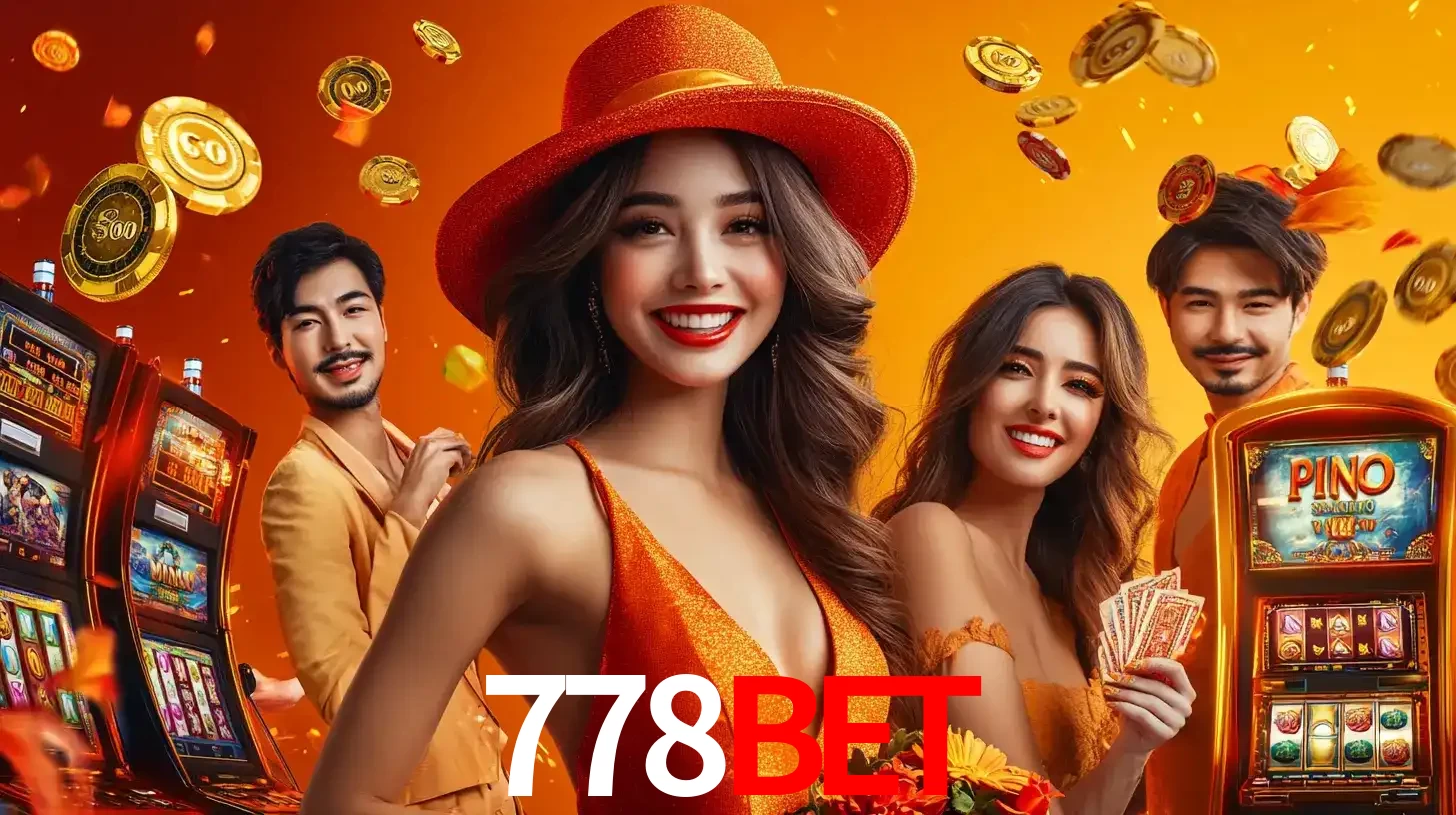 Grupo de amigos asiáticos sorrindo e se divertindo com máquinas de caça-níqueis em um ambiente festivo, celebrando suas vitórias nos jogos de cassino do 778bet.