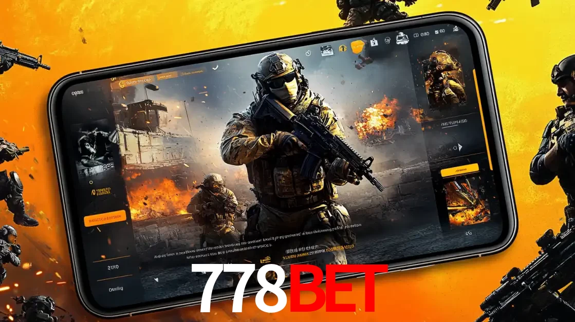 Um smartphone exibindo a interface de um jogo de tiro em primeira pessoa, com um soldado em um cenário de batalha, representando a ação dos e-sports para apostar no 778bet.