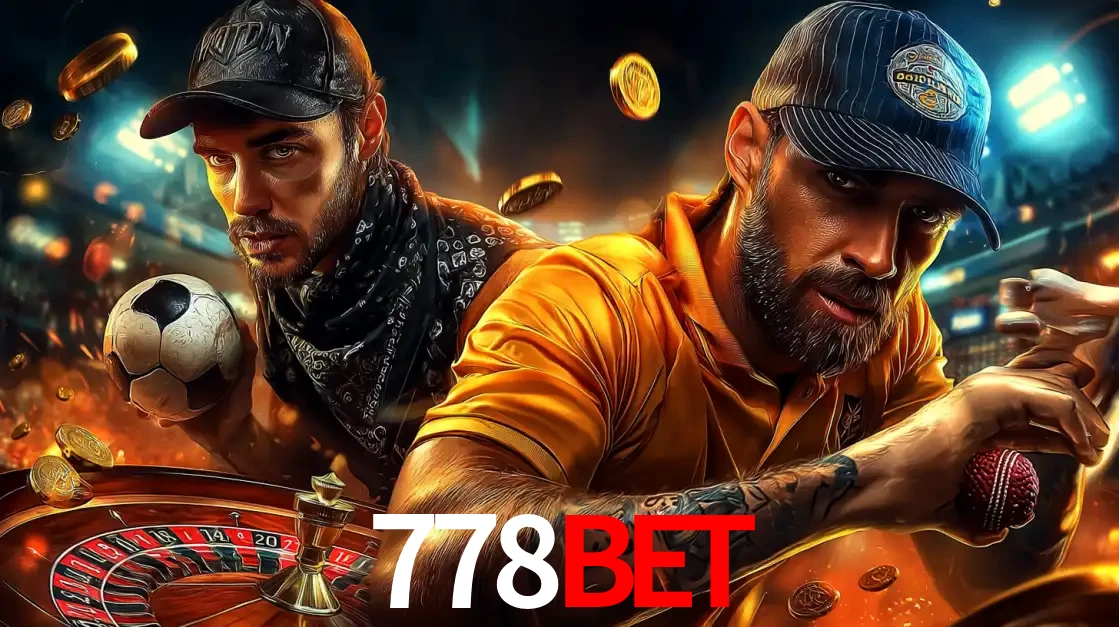 Montagem de apostas esportivas e cassino no 778bet, com um homem segurando uma bola de futebol e outro uma de beisebol sobre uma roleta e moedas voadoras.