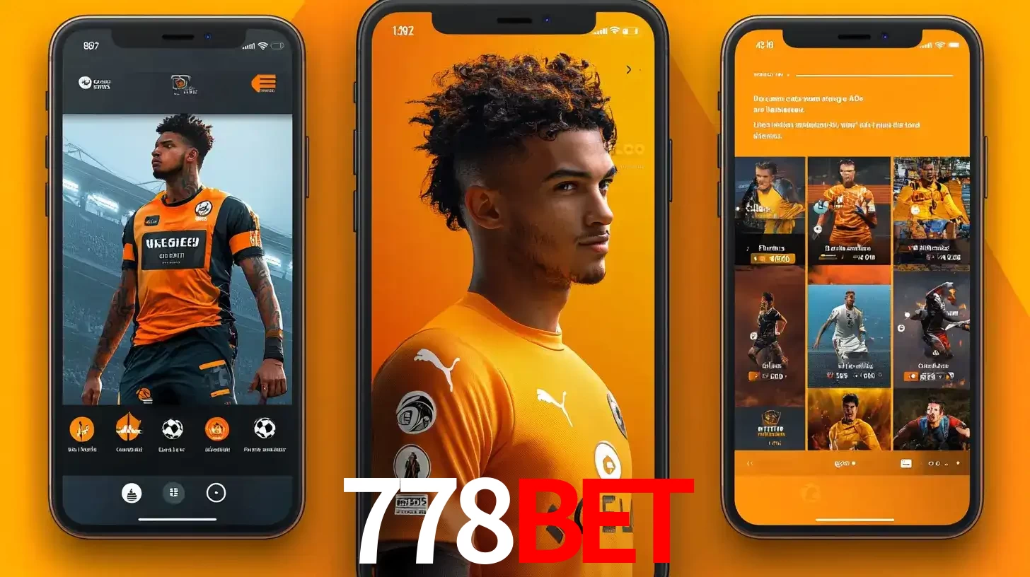 Interface do aplicativo de apostas esportivas 778bet em três telas de celular, mostrando o perfil de um jogador de futebol e a lista de jogos disponíveis para apostar.
