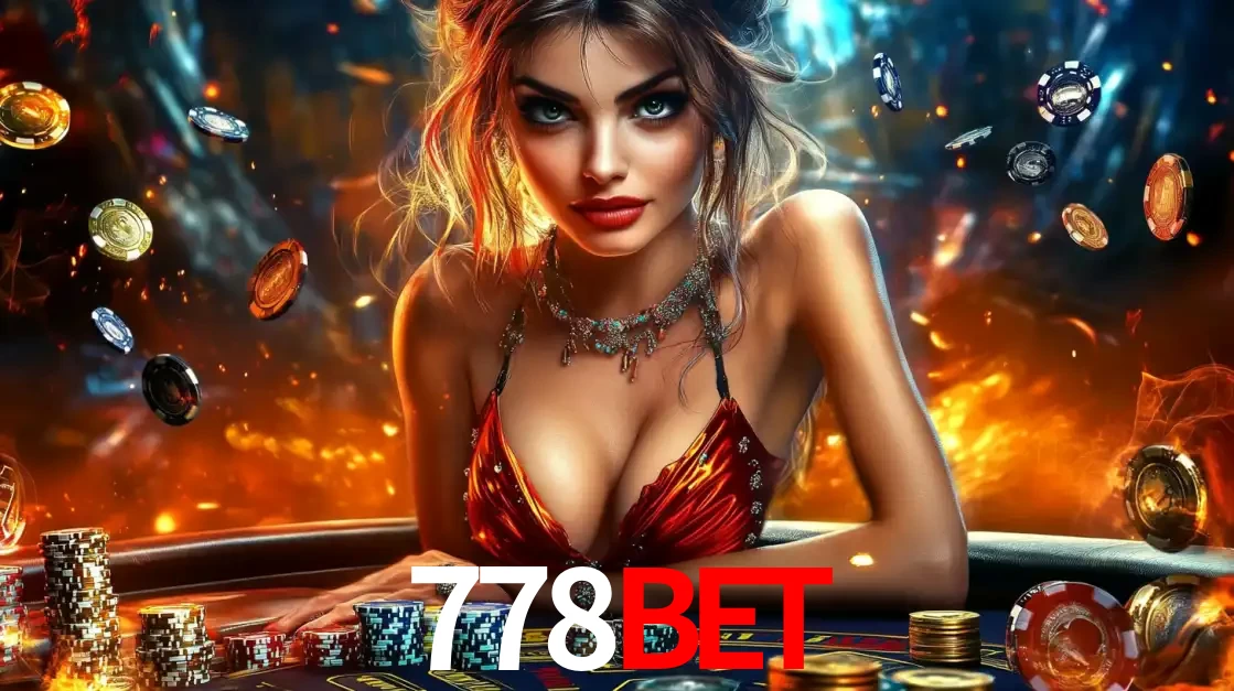 Mulher em uma mesa de cassino com pilhas de fichas e um fundo de fogo, pronta para uma rodada de altas apostas nos jogos de mesa emocionantes do cassino 778bet.