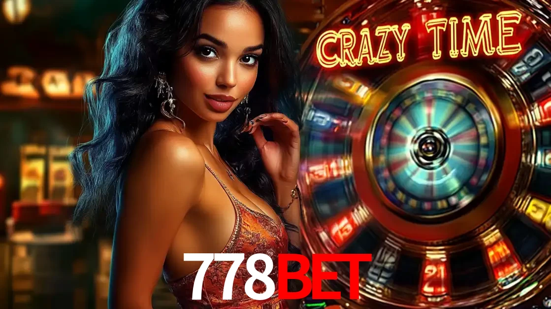Mulher elegante ao lado da vibrante roda da fortuna do jogo de cassino ao vivo Crazy Time, um dos game shows mais populares e cheios de prêmios do 778bet.