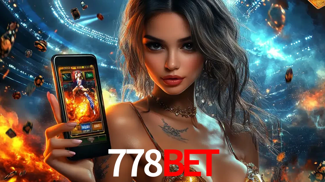 Mulher segurando um celular com um jogo de slot em destaque, tendo como fundo um estádio vibrante, simbolizando a emoção de jogar no cassino móvel 778bet.