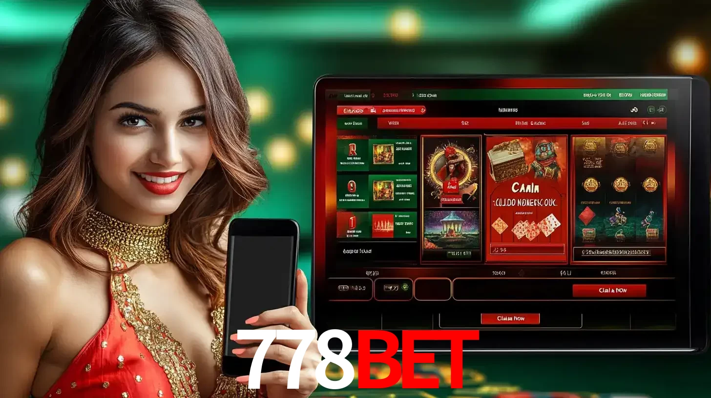 Mulher sorridente segurando um smartphone, ao lado de uma tela exibindo o lobby de jogos do cassino online 778bet, com várias opções de jogos de cartas e slots.